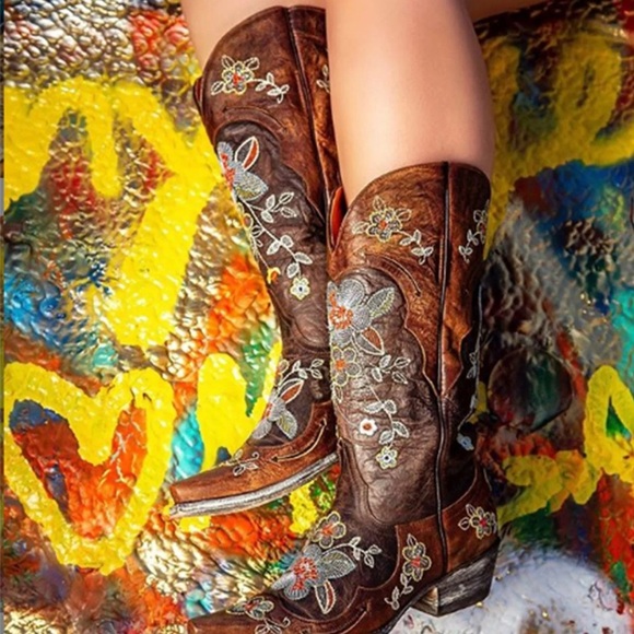 Embroidered Brown Cowboy Boots - Picture 2 of 8
